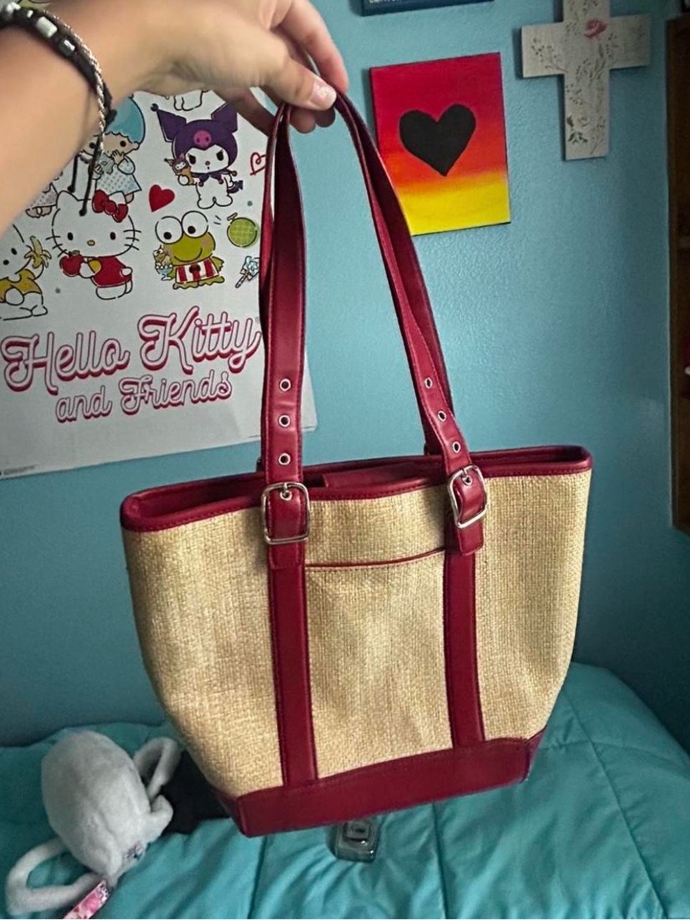 Straw Tote Bag with Burgundy Trim - Women's Shoulder Bag